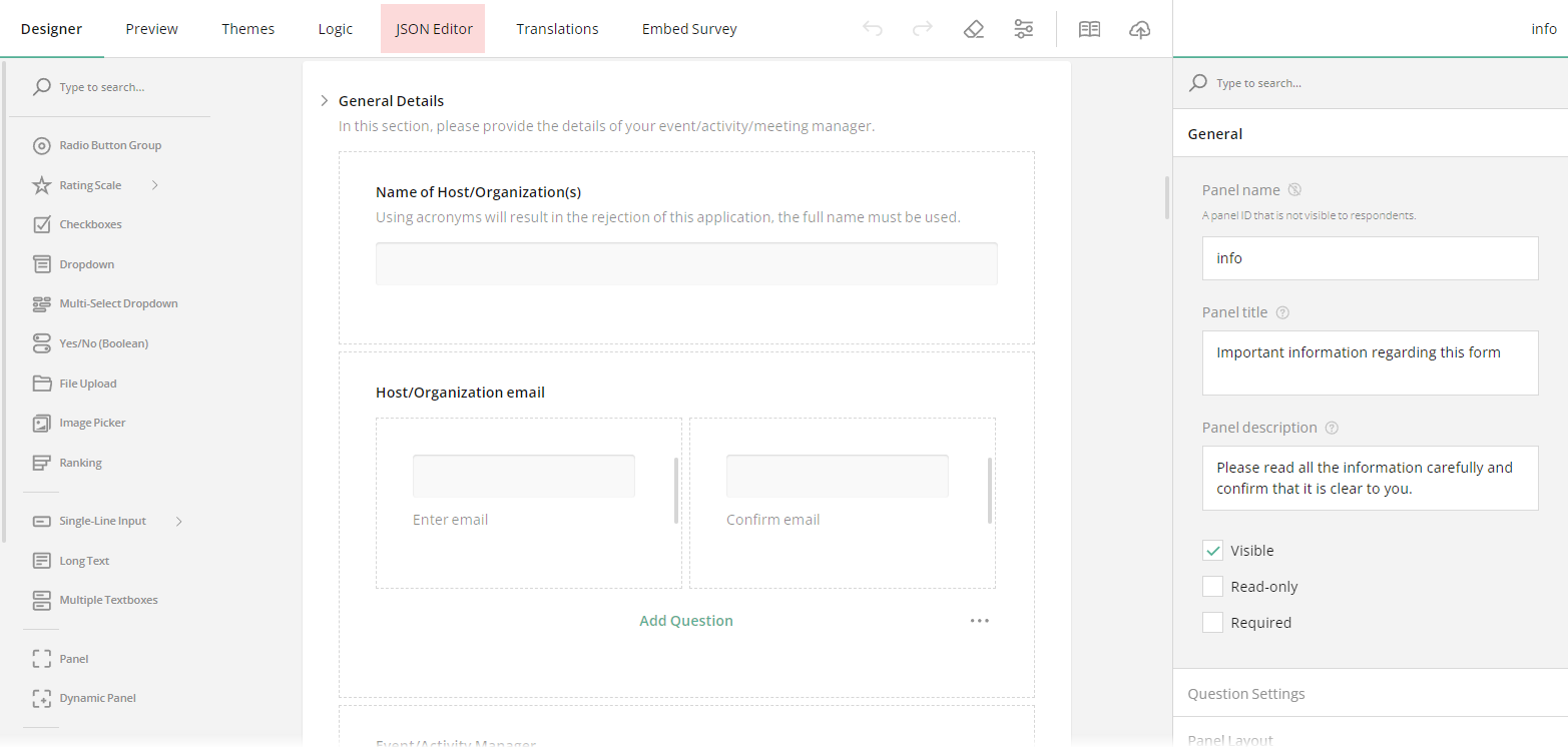 SurveyJS JSON form generator with a drag-and-drop interface